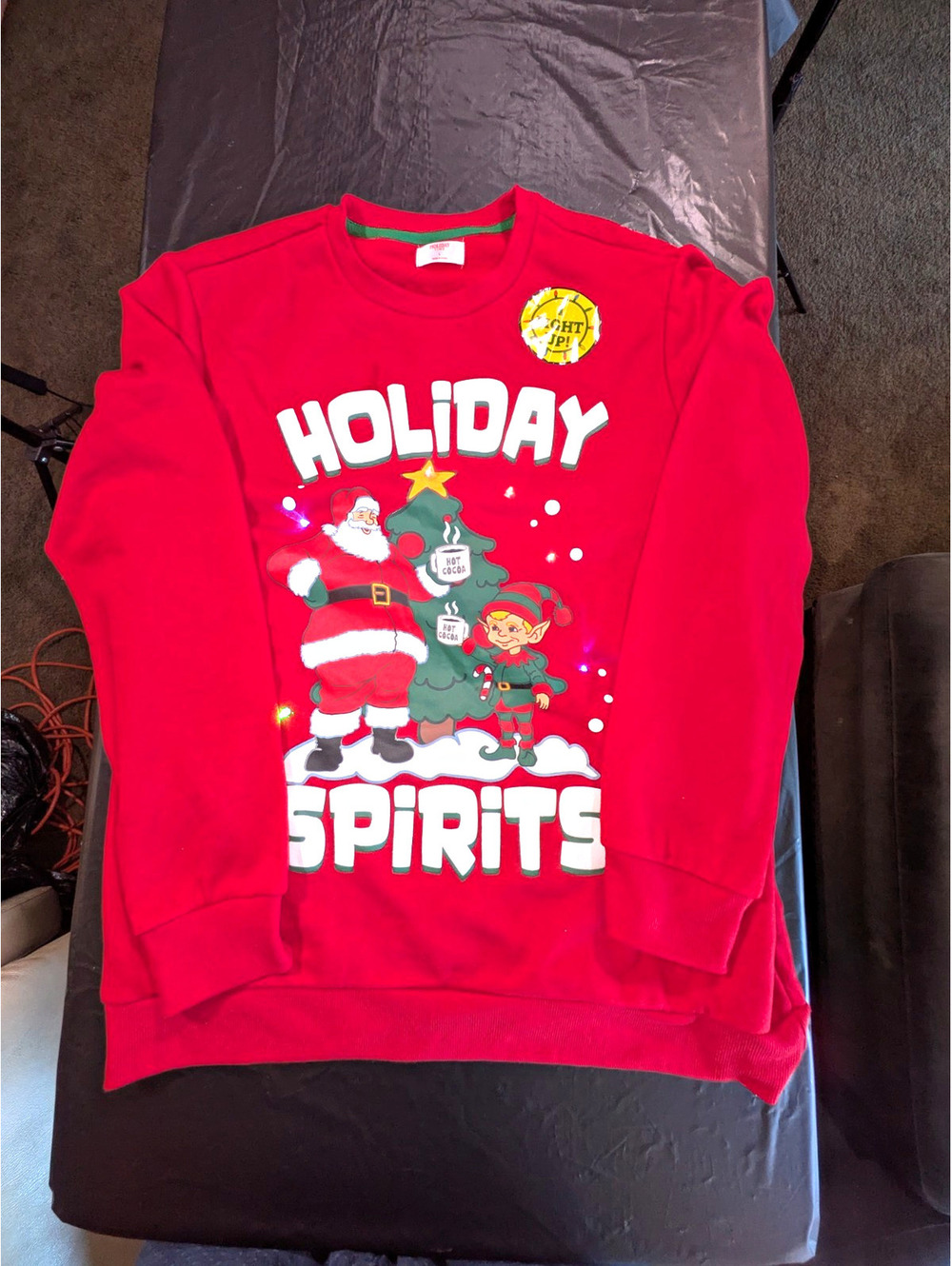 Light-Up Holiday Spirits Santa/Elf Graphic Red Fleece Crewneck L
